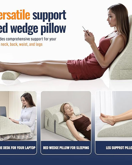 Reading Pillows for Sitting in Bed Adult Back Pillow for Bed Sitting Up, Back Support Pillow for Bed with Adjustable Roller, Foam Wedge Pillow for Neck, Lumbar, Back, Beige, 20 * 12 * 26IN - LeafyLoom
