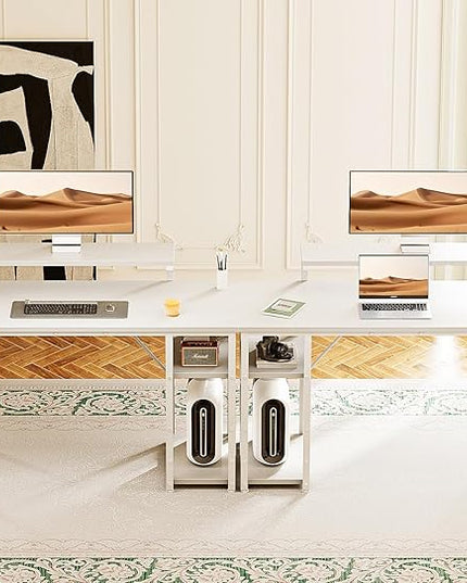 KKL 40 inch Small Computer Desk with Adjustable Monitor Stand, Home Office Desk & Workstation with Storage Shelves, Reversible Work Writing Study Table for Bedroom, White - LeafyLoom