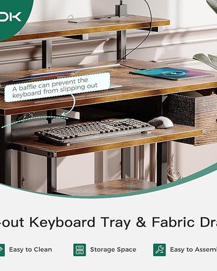 AODK Small Computer Desk with Keyboard Tray, 40 Inch Office Desk with Power Outlet, Work Desk with Drawer, Reversible Desk with Adjustable Monitor Shelf and Storage Shelf for Home, Rustic Brown - LeafyLoom