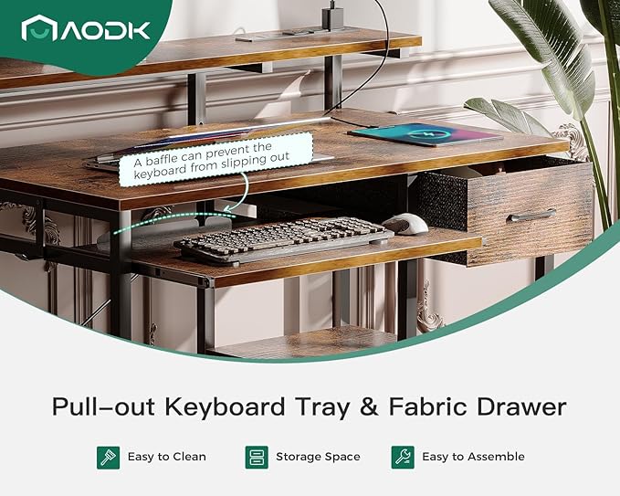 AODK Small Computer Desk with Keyboard Tray, 40 Inch Office Desk with Power Outlet, Work Desk with Drawer, Reversible Desk with Adjustable Monitor Shelf and Storage Shelf for Home, Rustic Brown - LeafyLoom