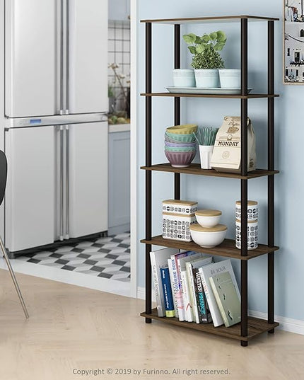 Furinno Turn-N-Tube 5-Tier Multipurpose Shelf / Display Rack / Storage Shelf / Bookshelf, Round Tubes, Walnut/Brown - LeafyLoom