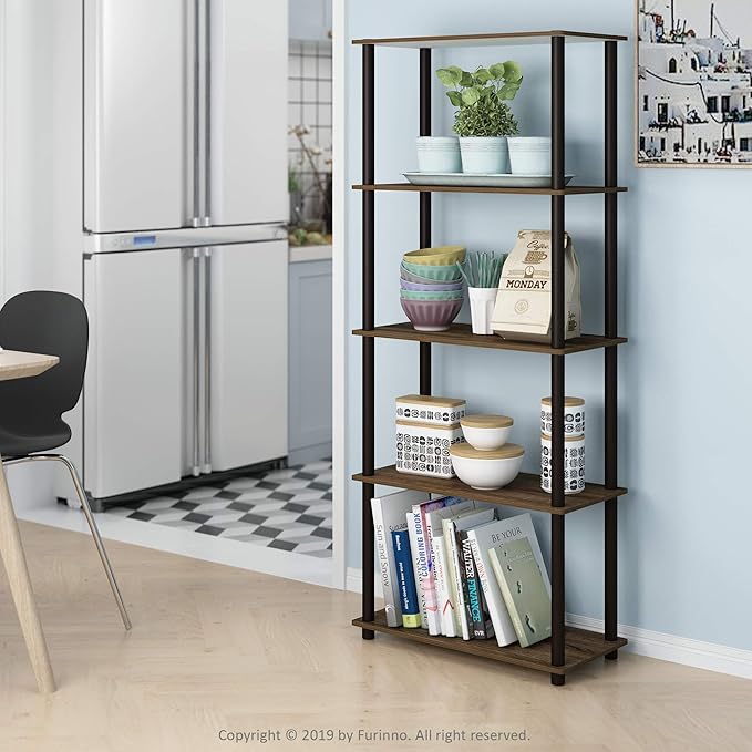 Furinno Turn-N-Tube 5-Tier Multipurpose Shelf / Display Rack / Storage Shelf / Bookshelf, Round Tubes, Walnut/Brown - LeafyLoom