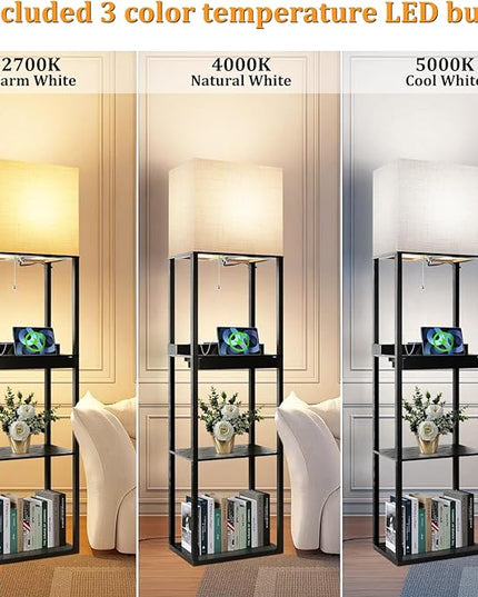 Dott Arts Floor Lamp with Shelves, wide Shelf Lamp with Wireless Charger & USB A+C Ports & 2 AC Outlets,3 Color Temperature Corner Tall Standing Floor Lamps for Living Room, Bedroom, Office (Black) - LeafyLoom