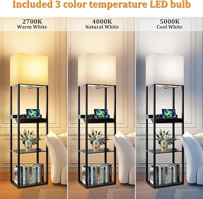 Dott Arts Floor Lamp with Shelves, wide Shelf Lamp with Wireless Charger & USB A+C Ports & 2 AC Outlets,3 Color Temperature Corner Tall Standing Floor Lamps for Living Room, Bedroom, Office (Black) - LeafyLoom