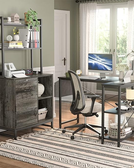 Homieasy Vertical Filing Cabinet with Lock & Charging Station, Large Drawer Wood File Cabinet with Bookshelf, Printer Stand with Open Storage Shelf, fits Letter Size for Home Office, Grey Oak - LeafyLoom