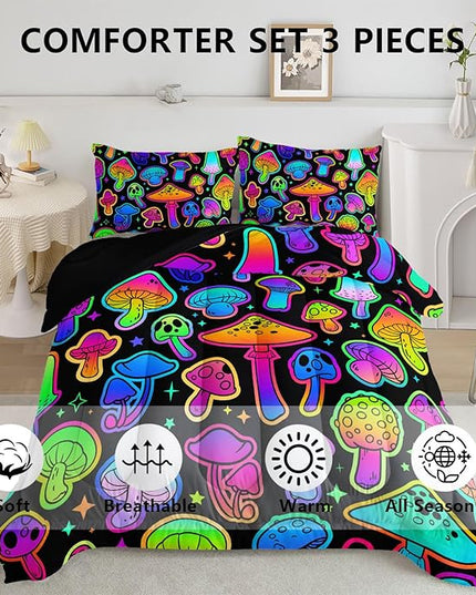 Mushroom Comforter Set Kids Bedding Set Full,3Pcs Colorful Soft Black Gradient Mushroom Quilt Set Bed in A Bag with 1 Comforter 2 Pillowcases for Kids Boys Girls Teens Adults Room Decor All Season - LeafyLoom