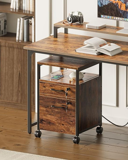 SUPERJARE File Cabinet with Lock & Charging Station, 2 Drawers Rolling Filing Cabinet, Office File Cabinet with Wheels & Open Shelf, for Home Office, A4/Letter Size Files - Rustic Brown - LeafyLoom