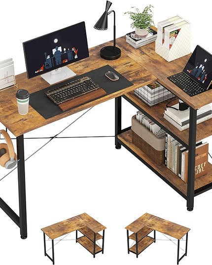 COTUBLR L Shaped Computer Desk, 47 Inch Small Corner Desk with Storage Shelves, Computer Desk Table Laptop Table Writing Desk Study Table for Home Office Workstation Small Spaces (Rustic Brown) - LeafyLoom