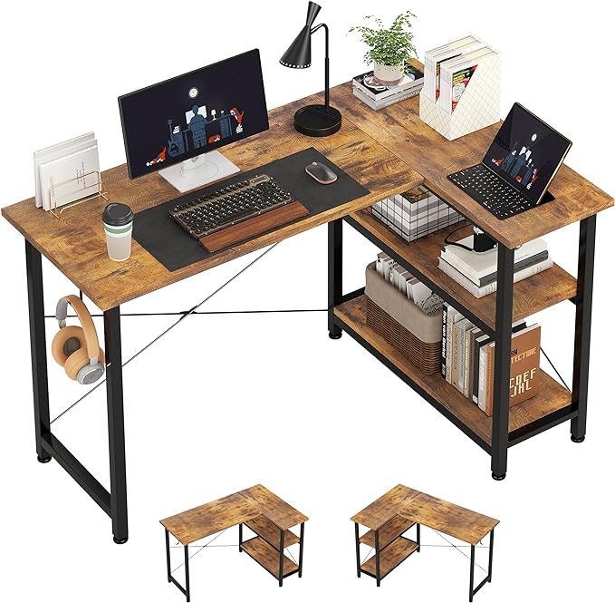 COTUBLR L Shaped Computer Desk, 47 Inch Small Corner Desk with Storage Shelves, Computer Desk Table Laptop Table Writing Desk Study Table for Home Office Workstation Small Spaces (Rustic Brown) - LeafyLoom