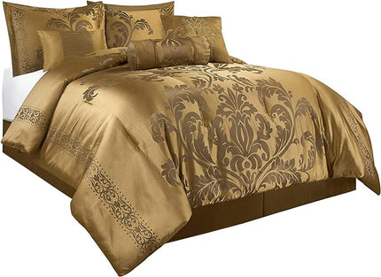 Chezmoi Collection 7-Piece Jacquard Floral Comforter Set (Queen, Gold) - LeafyLoom