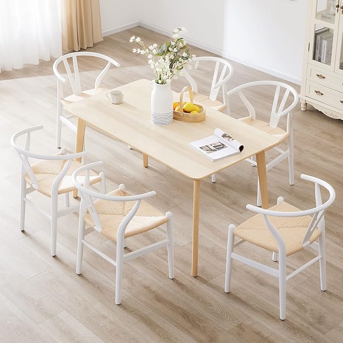 Farini Rattan Chairs for Dining Room Wishbone Chair Solid Wood Armchairs Y Shaped Backrest Hemp Seat for Home Restaurant Fully-Assembled(Set of 2,White-Beige Seat) - LeafyLoom