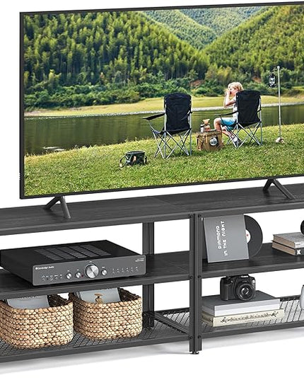 VASAGLE TV Stand, TV Console for TVs Up to 70 Inches, TV Table, 63 Inches Width, TV Cabinet with Storage Shelves, Steel Frame, for Living Room, Bedroom, Black with Wood Grain ULTV095B22 - LeafyLoom
