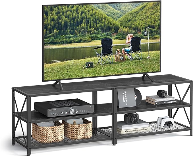 VASAGLE TV Stand, TV Console for TVs Up to 70 Inches, TV Table, 63 Inches Width, TV Cabinet with Storage Shelves, Steel Frame, for Living Room, Bedroom, Black with Wood Grain ULTV095B22 - LeafyLoom