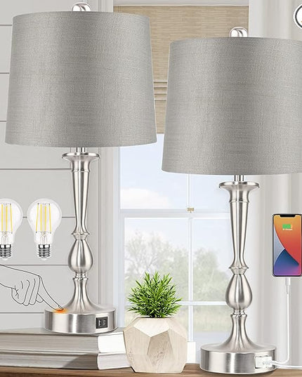 PARTPHONER Set of 2 Touch Control Table Lamp with Dual USB Charging Ports Desk Lamps, 3-Way Dimmable Modern Nickel Finish Bedside Large Table Lamps for Living Room, Bedroom - LeafyLoom