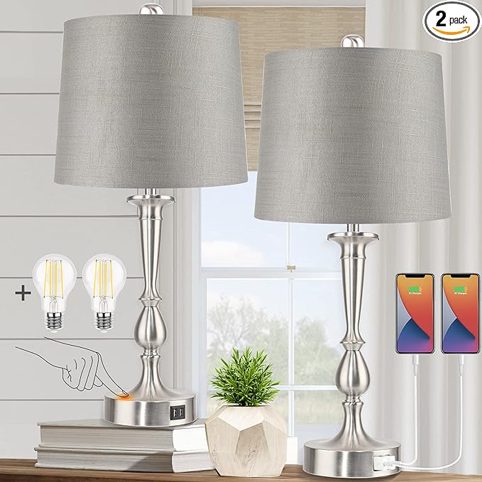 PARTPHONER Set of 2 Touch Control Table Lamp with Dual USB Charging Ports Desk Lamps, 3-Way Dimmable Modern Nickel Finish Bedside Large Table Lamps for Living Room, Bedroom - LeafyLoom