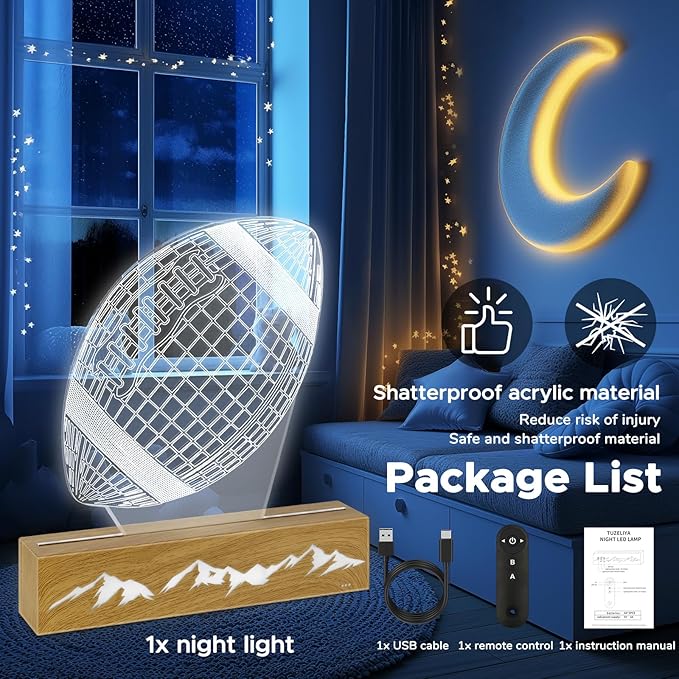 Kids Night Light Football 3D Optical Illusion Lamp with Remote Control 16 Colors Changing Football Birthday Valentine's Day Gift Idea for Sport Fan Boys Girls - LeafyLoom