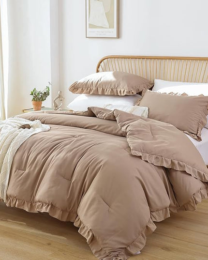 JANZAA Queen Ruffled Comforter Set 3PCS (1 Taupe Comforter Set and 2 Pillowcases) Vintage Farmhouse Shabby Chic Bedding Soft Fluffy Comforter Set All Season - LeafyLoom