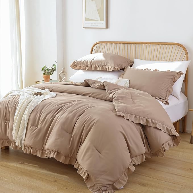 JANZAA Queen Ruffled Comforter Set 3PCS (1 Taupe Comforter Set and 2 Pillowcases) Vintage Farmhouse Shabby Chic Bedding Soft Fluffy Comforter Set All Season - LeafyLoom