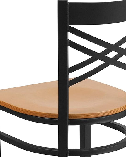 Flash Furniture HERCULES Series Black ''X'' Back Metal Restaurant Chair - Natural Wood Seat - LeafyLoom
