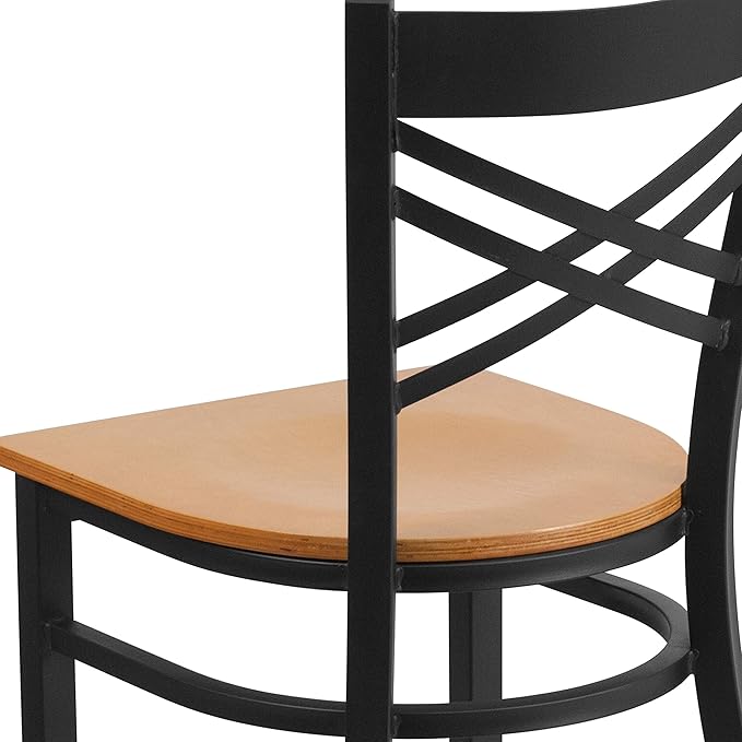 Flash Furniture HERCULES Series Black ''X'' Back Metal Restaurant Chair - Natural Wood Seat - LeafyLoom