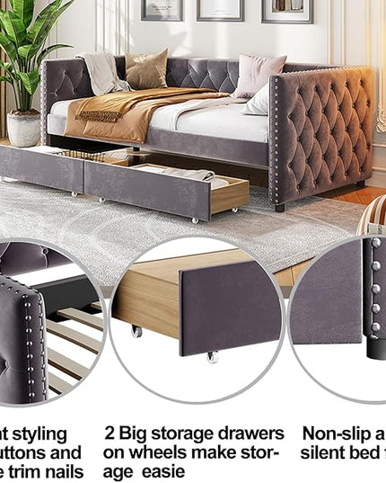 Twin Size Velvet Upholstered Daybed with Two Storage Drawers, Solid Wood Bed w/Button Tufted Backrest, for Living Room, Bedroom, Dorm, No Box Spring Needed - LeafyLoom