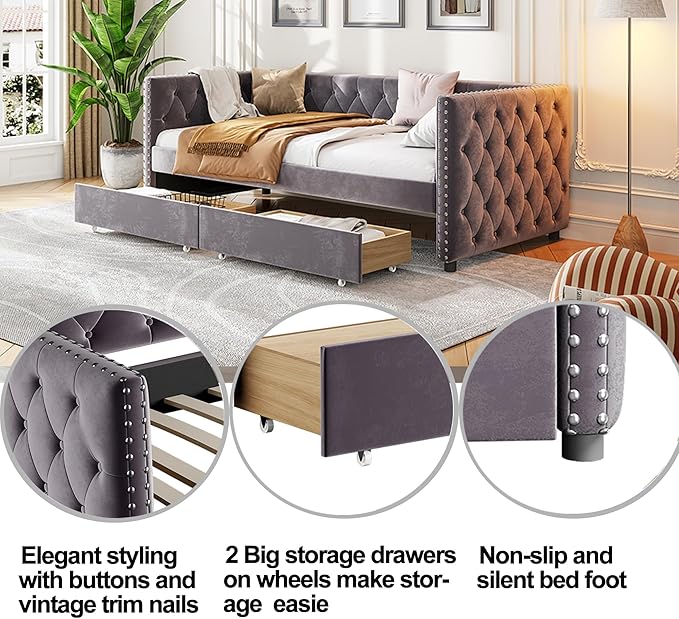 Twin Size Velvet Upholstered Daybed with Two Storage Drawers, Solid Wood Bed w/Button Tufted Backrest, for Living Room, Bedroom, Dorm, No Box Spring Needed - LeafyLoom