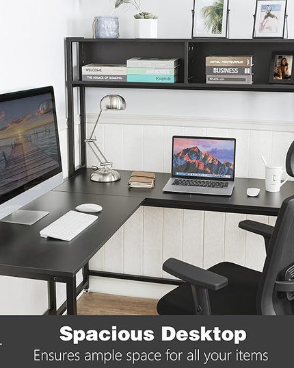 Becko US L Shaped Desk with Hutch, 56 Inch Corner Computer Desk, Home Office Writing Desk with Storage Shelves, Space Saving (Black) - LeafyLoom
