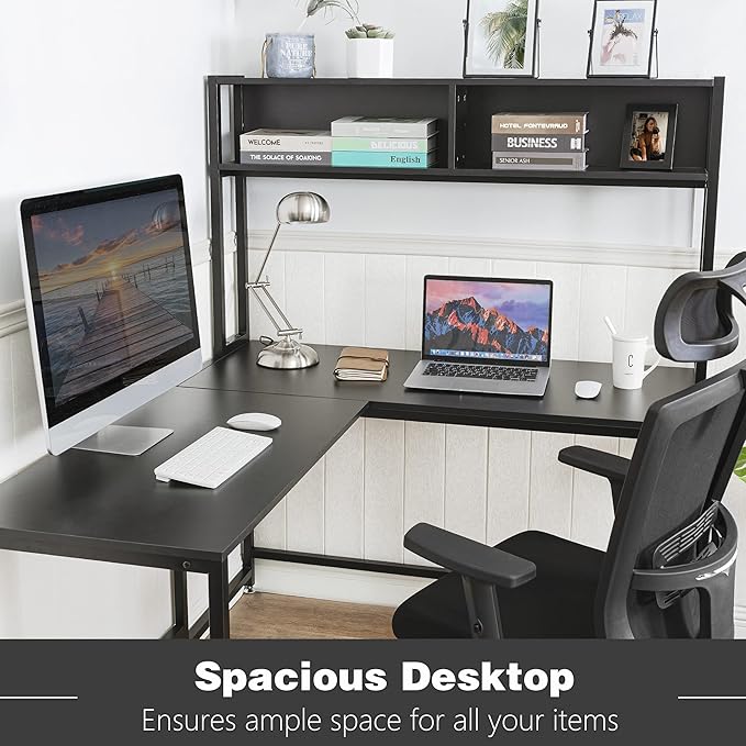 Becko US L Shaped Desk with Hutch, 56 Inch Corner Computer Desk, Home Office Writing Desk with Storage Shelves, Space Saving (Black) - LeafyLoom