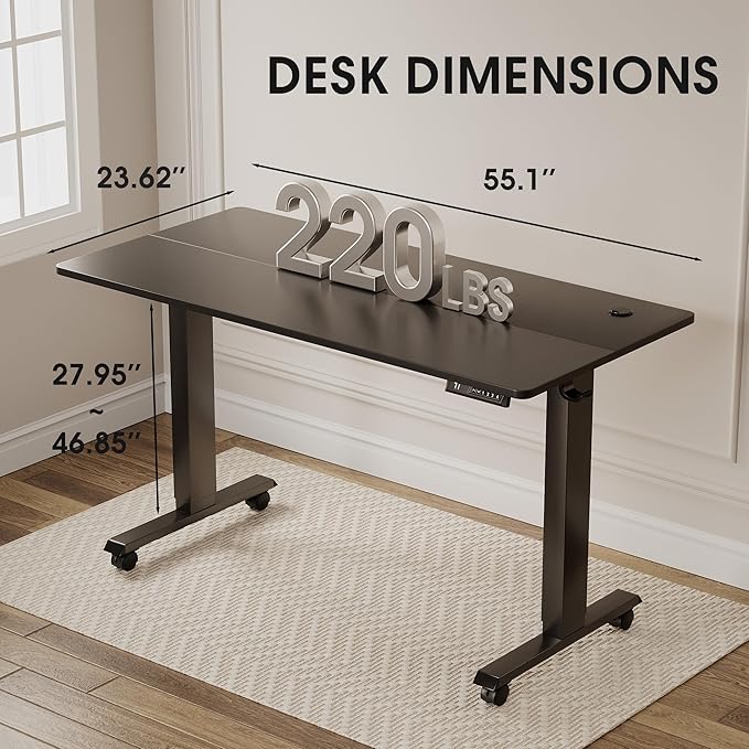 Electric Standing Desk 55 Inch, Ergonomic Height Adjustable Table with T-Shaped Metal Bracket Modern Computer Workstations for Home Office, Black - LeafyLoom