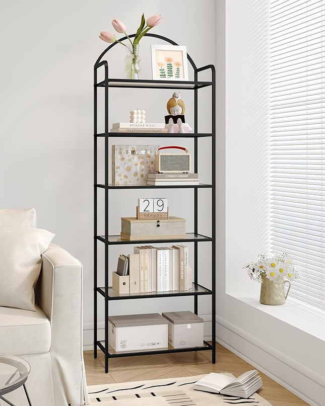 Bookcase Bookshelf, Tempered Glass Bookshelves, Slim Shelving Unit for Bedroom, Bathroom, Home Office, Steel Frame, 6 Tier Black BC21699B - LeafyLoom
