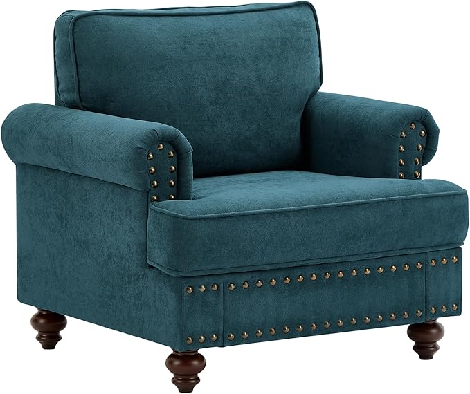 Upholstered Single Sofa Chair with Metal Legs, Modern Armchairs with Nailhead Trim for Living Room,Bedroom and Office, Lake Green, 60.83" W - LeafyLoom