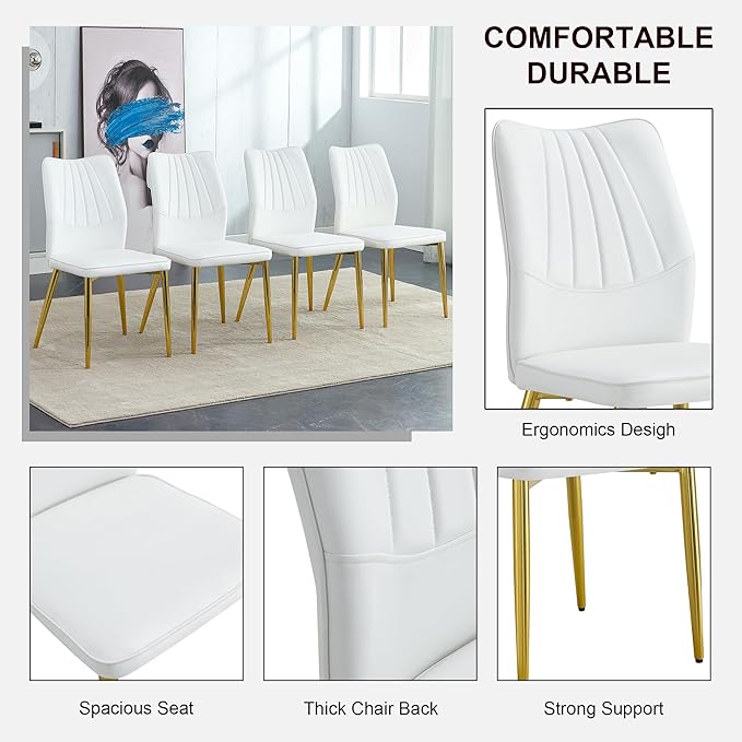 NicBex Dining Chairs Set of 4 Modern Faux Leather High Back Dining Chair Dining Room Kitchen Chairs with Golden Metal Legs,Chairs for Dining Room, Kitchen,Living Room, and Restaurants,White - LeafyLoom