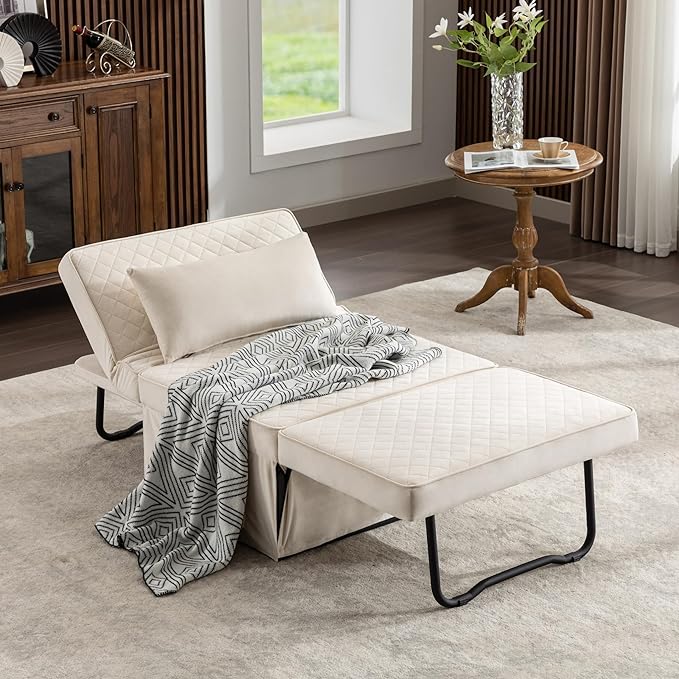 Sofa Bed, 4 in 1 Multi-Function Folding Ottoman Breathable Velvet Couch Bed with Adjustable Backrest Modern Convertible Chair for Living Room Apartment Office,Squared-White - LeafyLoom