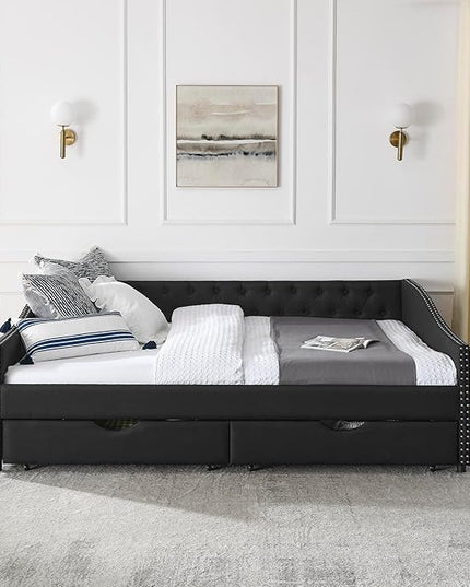 RITSU Queen Size Mid-Century Daybed, 2 Storage Drawers,Linen Button Upholstered Tufted Sofa Bed, Copper Nail on Waved Shape Arms, No Box Spring Needed,for Bedroom, Livingroom, Black, 84.50 - LeafyLoom