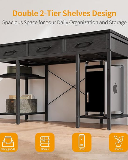 CubiCubi 47 Inch Computer Desk with 3 Drawers and Storage Shelves, Small Home Office Desk, Study Writing Table, Simple Desk for Bedroom, Black - LeafyLoom
