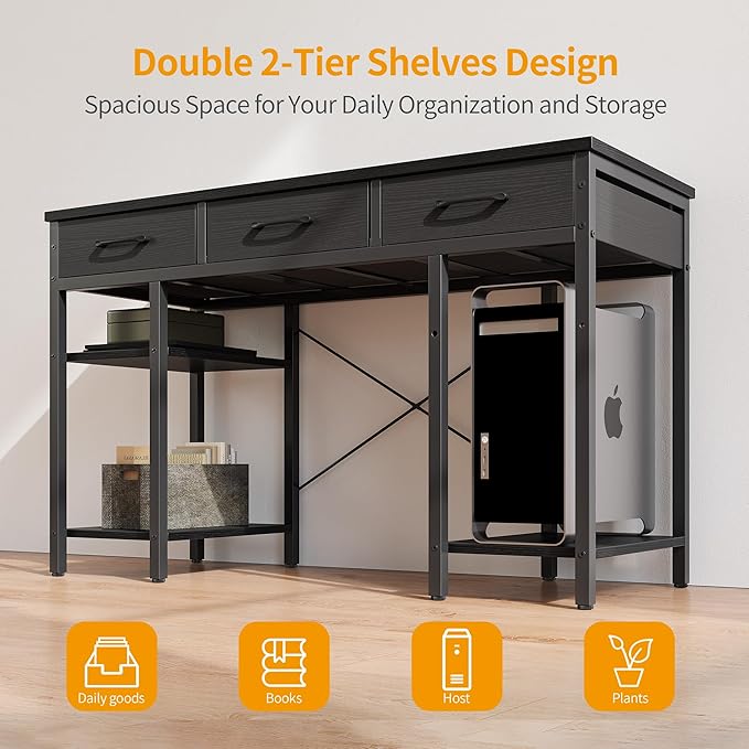 CubiCubi 47 Inch Computer Desk with 3 Drawers and Storage Shelves, Small Home Office Desk, Study Writing Table, Simple Desk for Bedroom, Black - LeafyLoom