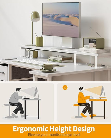 CubiCubi L Shaped Computer Desk with Monitor Stand & Shelves, 47 Inch Corner Home Office Desk Writing Table with Storage Drawer, White - LeafyLoom