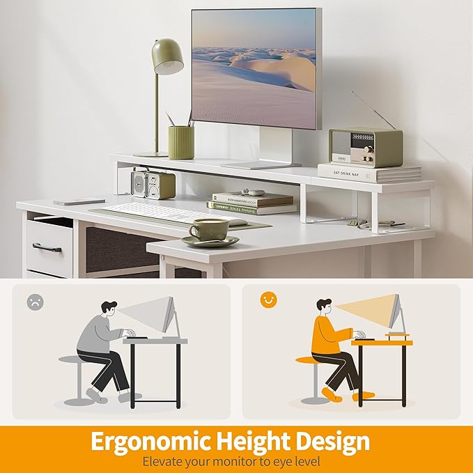 CubiCubi L Shaped Computer Desk with Monitor Stand & Shelves, 47 Inch Corner Home Office Desk Writing Table with Storage Drawer, White - LeafyLoom