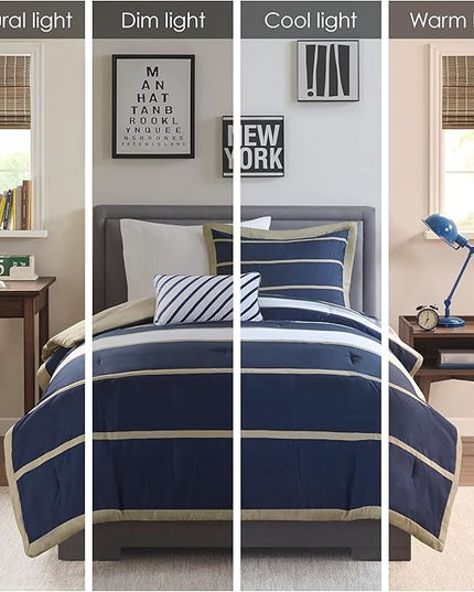 Mi Zone Ashton Casual Comforter Set, Vibrant Colorblock Design, Modern Bedding Geometric Stripes All Season Cover, Matching Shams, Decorative Pillow, Twin/Twin XL, Khaki/Navy, 3 Piece - LeafyLoom