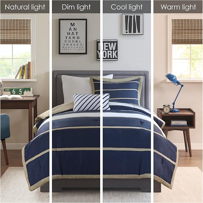 Mi Zone Ashton Casual Comforter Set, Vibrant Colorblock Design, Modern Bedding Geometric Stripes All Season Cover, Matching Shams, Decorative Pillow, Twin/Twin XL, Khaki/Navy, 3 Piece - LeafyLoom