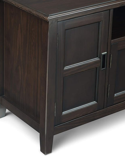 SIMPLIHOME Burlington SOLID WOOD Universal TV Media Stand, 72 inch Wide, Traditional, Living Room Entertainment Center with Storage, for Flat Screen TVs up to 80 inches in Mahogany Brown - LeafyLoom