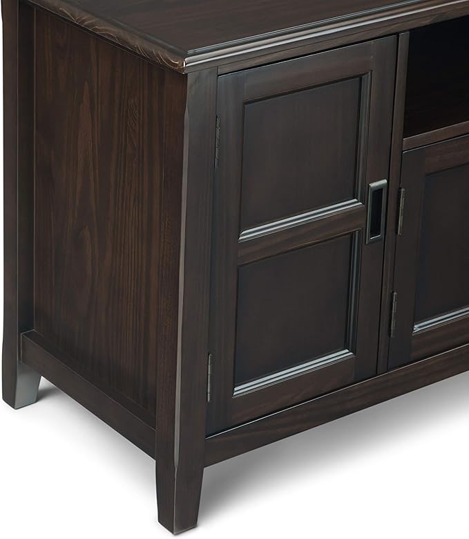 SIMPLIHOME Burlington SOLID WOOD Universal TV Media Stand, 72 inch Wide, Traditional, Living Room Entertainment Center with Storage, for Flat Screen TVs up to 80 inches in Mahogany Brown - LeafyLoom