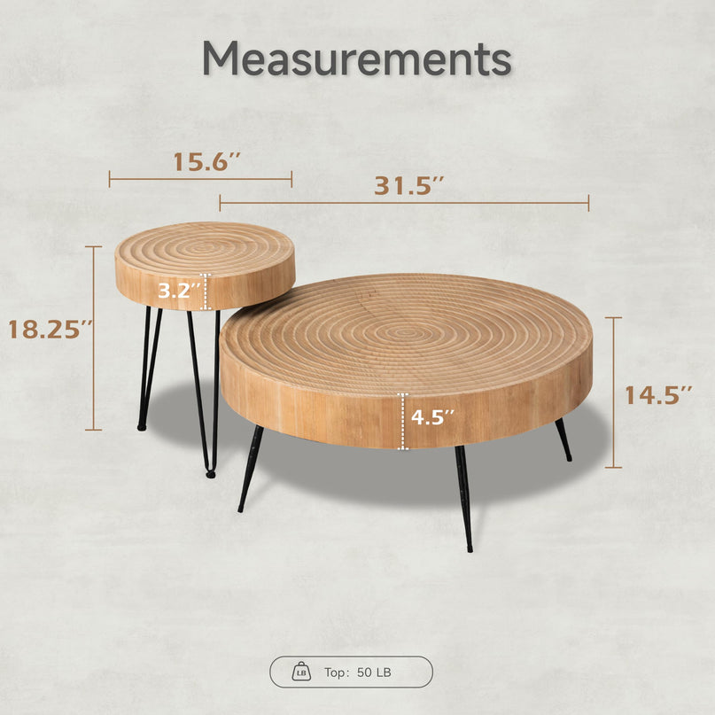 2-Piece Modern Farmhouse Living Room Coffee Table Set, Nesting Table Round Natural Finish with Handcrafted Wood Ring Motif, Wood Colour LeafyLoom