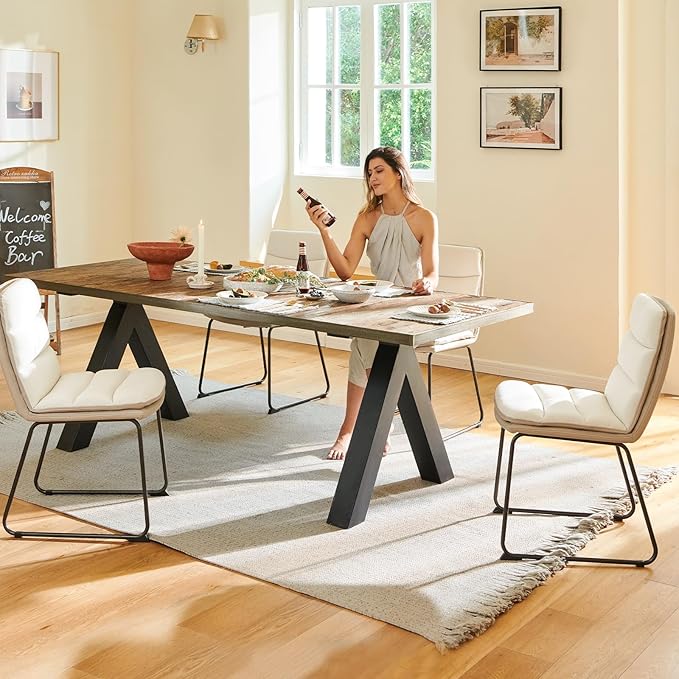 COLAMY Dining Chairs Set of 4, Modern Waffle Fabric Dining Chairs, Faux Leather Chairs with Back for Kitchen Dining Living Waiting Room, Cream - LeafyLoom