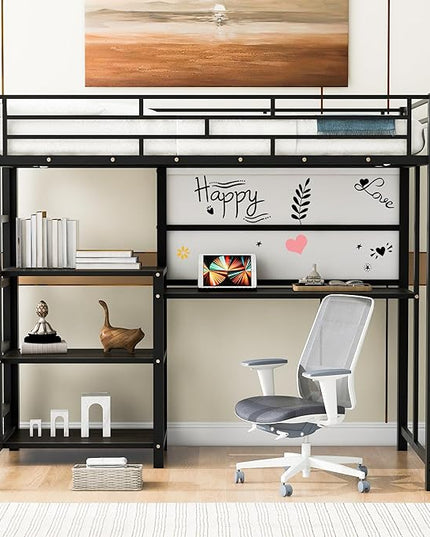 RITSU Twin Size Loft Bed, Heavy Duty Metal Bedframe with Desk and Whiteboard, 3 Big Shelves The Storage Space, Sturdy Construction, for Children's Room, Teens, Black - LeafyLoom