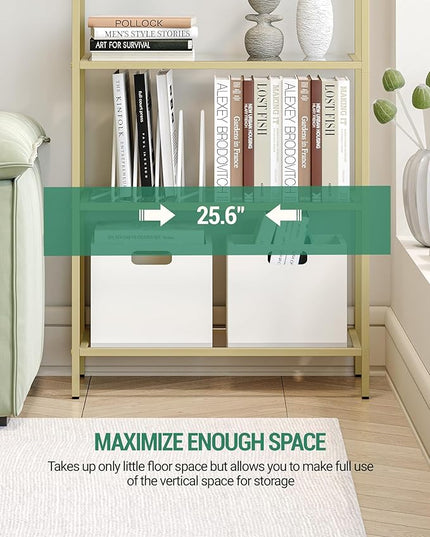 Bookcase Bookshelf, Tempered Glass Arched Bookshelf for More Storage, Slim Shelving Unit for Bedroom, Bathroom, Home Office, Steel Frame, Wide 5 Tier Gold BC22599G - LeafyLoom