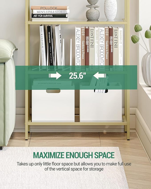 Bookcase Bookshelf, Tempered Glass Arched Bookshelf for More Storage, Slim Shelving Unit for Bedroom, Bathroom, Home Office, Steel Frame, Wide 5 Tier Gold BC22599G - LeafyLoom