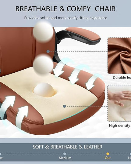 Office Chair Ergonomic Computer Desk Chair, Executive Leather Office Chair with Adjustable Flip-up Armrests Height, Swivel Task Chair with Lumbar Support Rocking Function for Home Office(Brown) - LeafyLoom