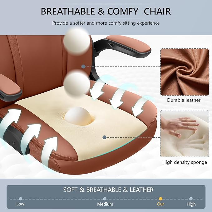 Office Chair Ergonomic Computer Desk Chair, Executive Leather Office Chair with Adjustable Flip-up Armrests Height, Swivel Task Chair with Lumbar Support Rocking Function for Home Office(Brown) - LeafyLoom