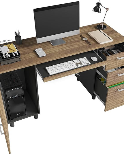 Modern Design By Crafts & comfort Venice Computer Desk - Office Desk with 3 Drawers & CPU Storage Cabinet - Laptop Workstation with Keyboard Tray & Cable Hole - Home & Office Supplies -Cass/black - LeafyLoom